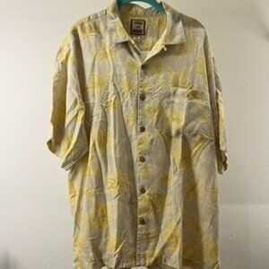 Tommy Bahama 100% Silk Floral Camp Shirt Yellow & Cream Hibiscus Print Men’s Lg